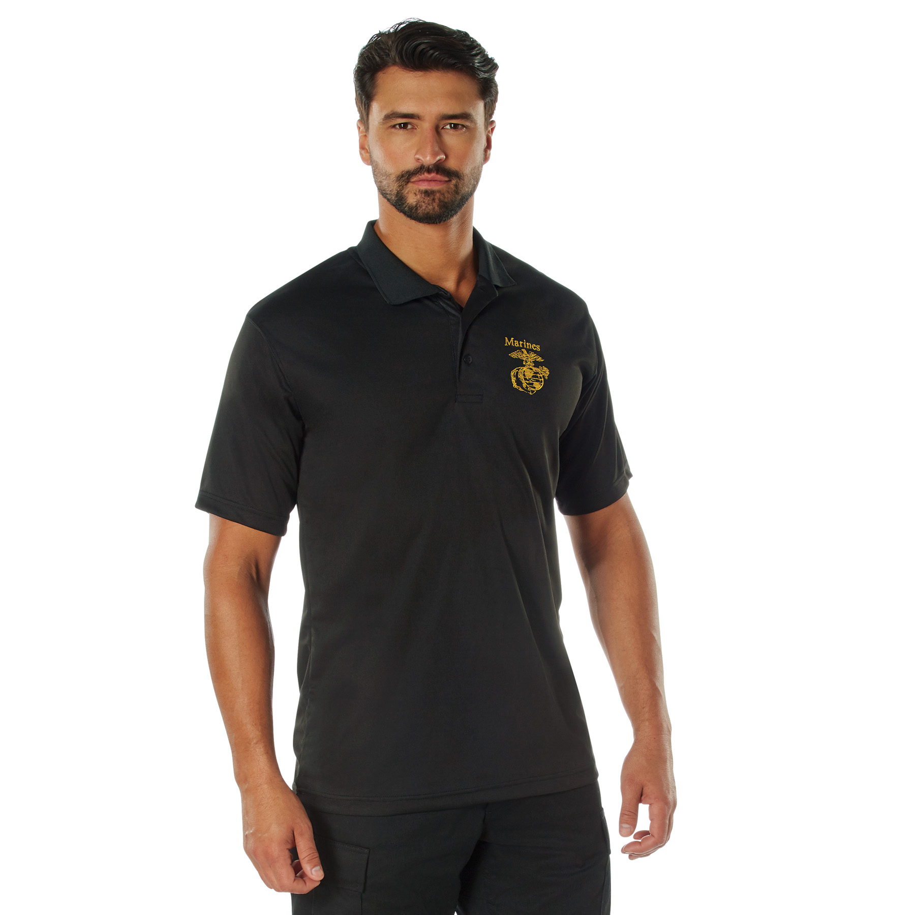 Rothco USMC Eagle, Globe & Anchor Moisture Wicking Polo Shirt – Black